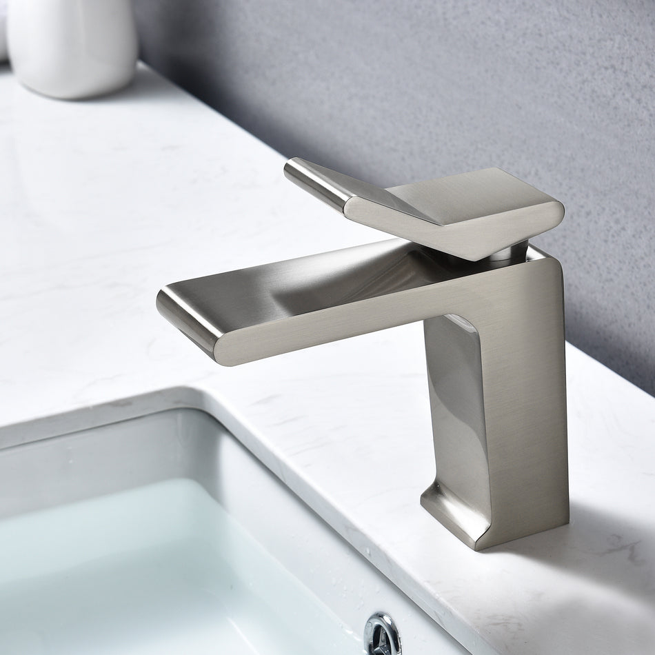 Brushed Nickel Waterfall Bathroom Faucet with Brass Pop-Up Drain: Contemporary Elegance and Effortless Functionality