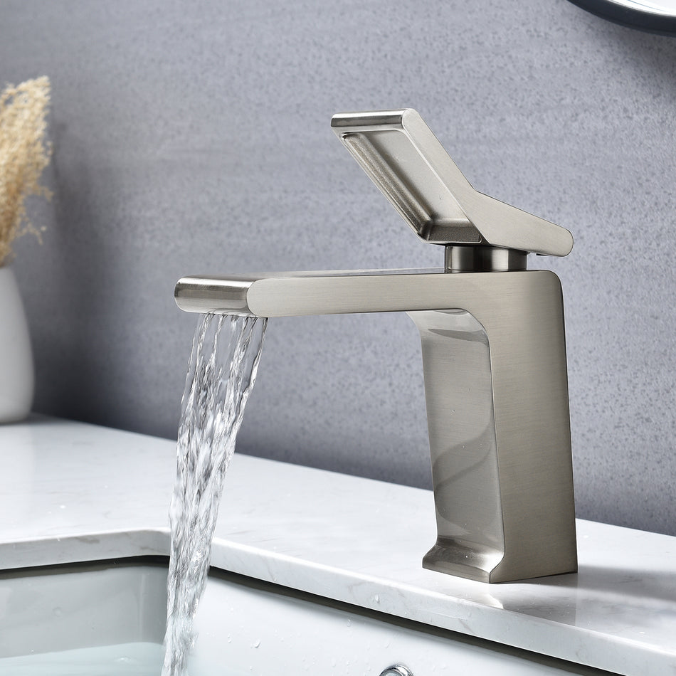 Brushed Nickel Waterfall Bathroom Faucet with Brass Pop-Up Drain: Contemporary Elegance and Effortless Functionality