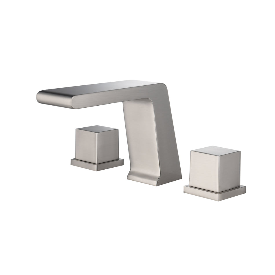 Widespread Brushed Nickel Waterfall Two Handles 3-Hole Bathroom Sink Faucet with Pop-Up Overflow Brass Drain - wonderland shower inc