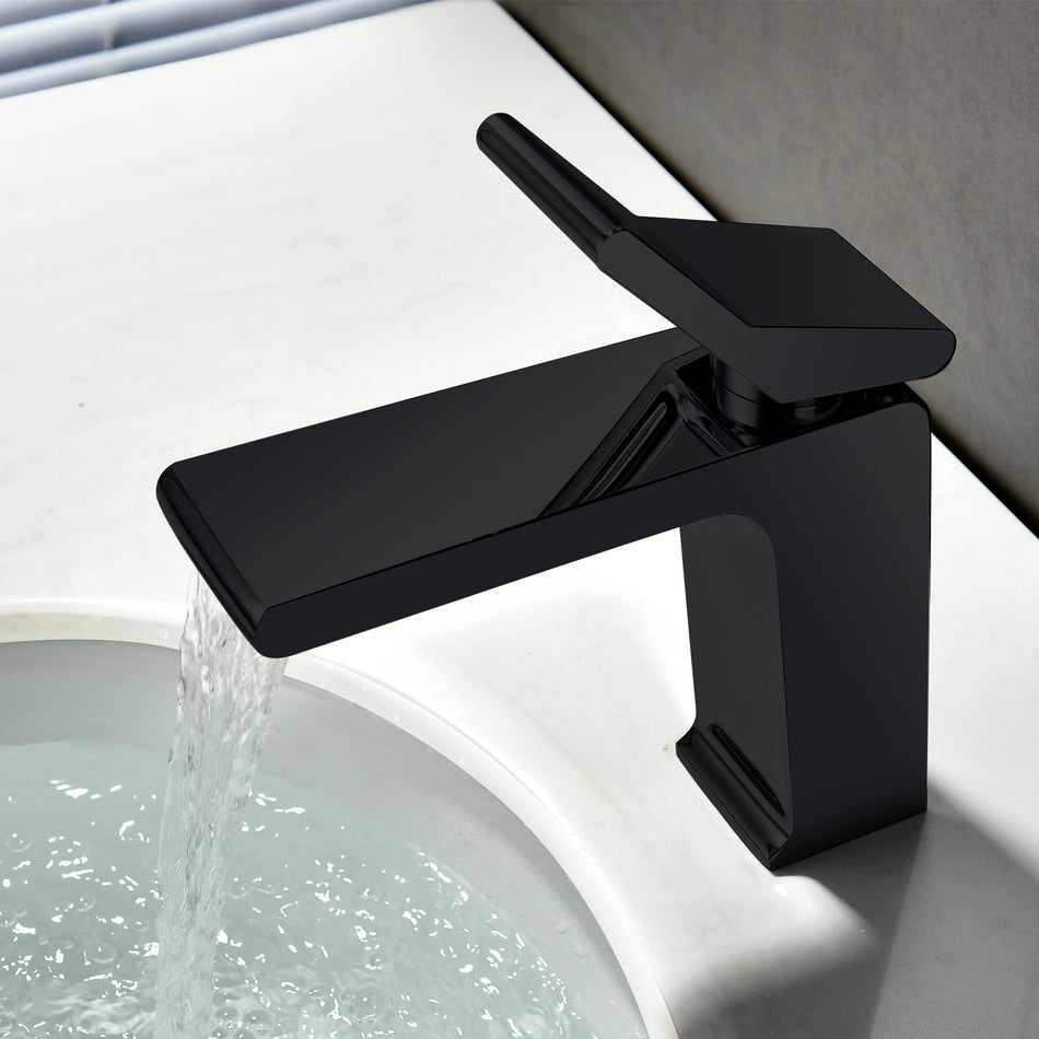 matte black waterfall single handle bathroom sink faucet with pop up overflow brass drain