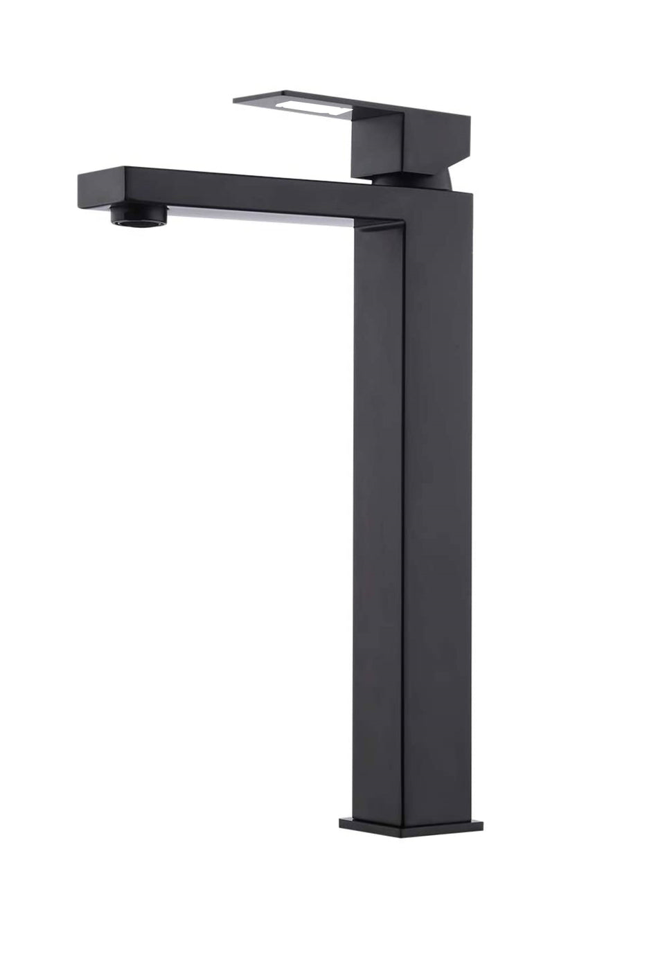 High Neck Matte Black Single Handle Vessel Bathroom Sink Faucet with Deck Mount and Brass Pop-Up Overflow Drain