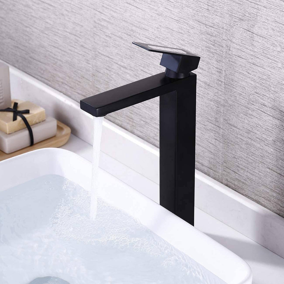 High Neck Matte Black Single Handle Vessel Bathroom Sink Faucet with Deck Mount and Brass Pop-Up Overflow Drain
