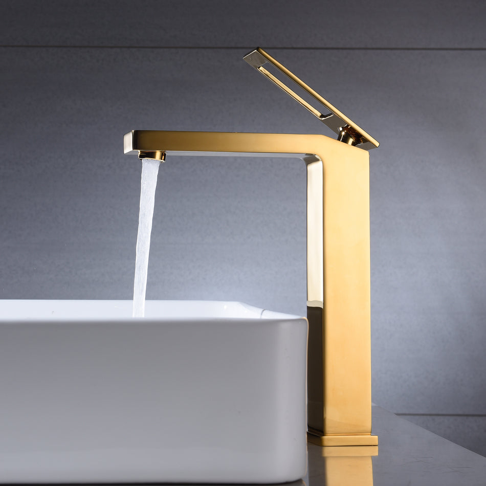High Neck Polished Gold Single Handle Vessel Bathroom Sink Faucet with Deck Mount and Brass Pop-Up Overflow Drain