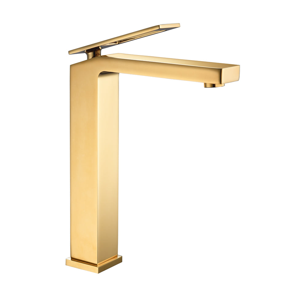 High Neck Polished Gold Single Handle Vessel Bathroom Sink Faucet with Deck Mount and Brass Pop-Up Overflow Drain