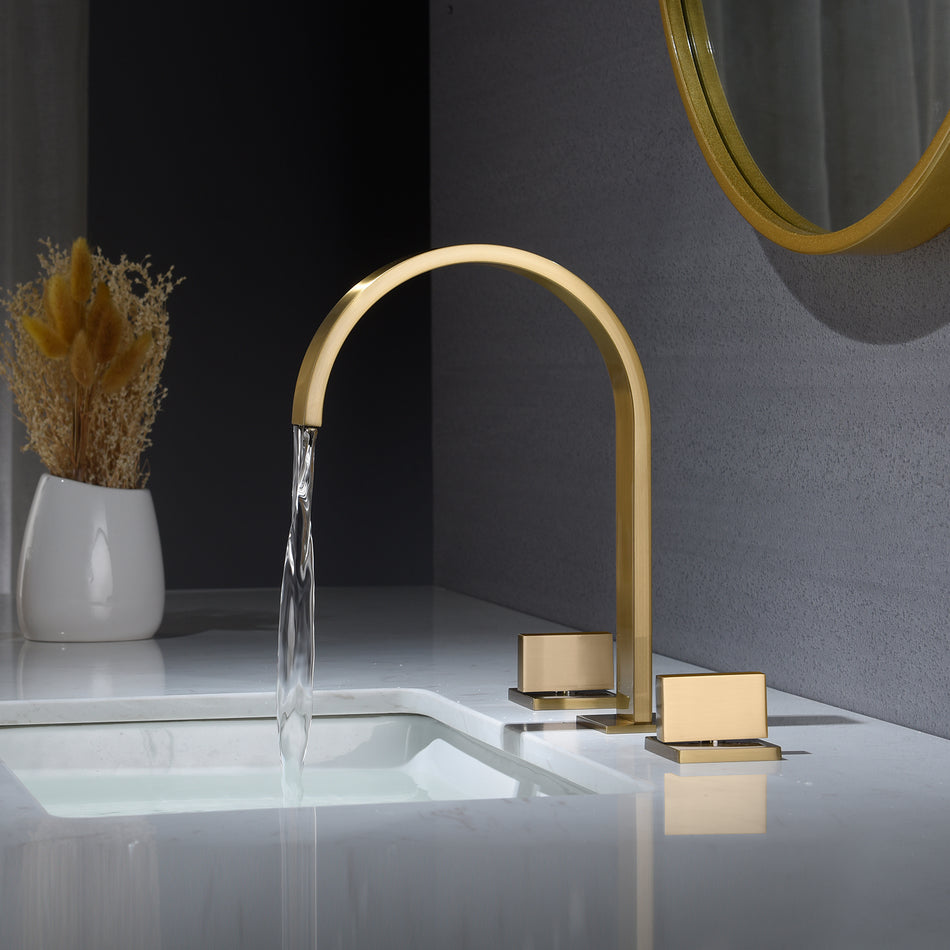 Brushed Gold Widespread Bathroom Sink Faucet: Deck Mount, 2 Handles, 3 Holes, and Pop-Up Overflow Drain Included