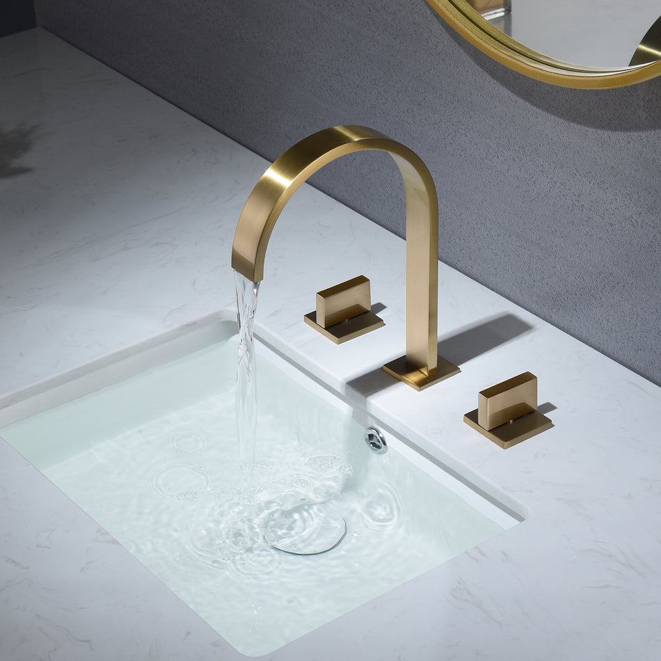 Brushed Gold Widespread Bathroom Sink Faucet: Deck Mount, 2 Handles, 3 Holes, and Pop-Up Overflow Drain Included