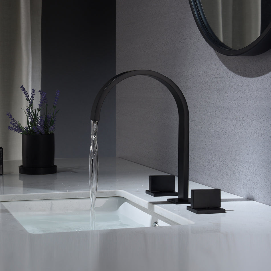 Matte Black Waterfall Widespread Bathroom Basin Faucet with Two Handles and Overflow Brass Pop-Up Drain