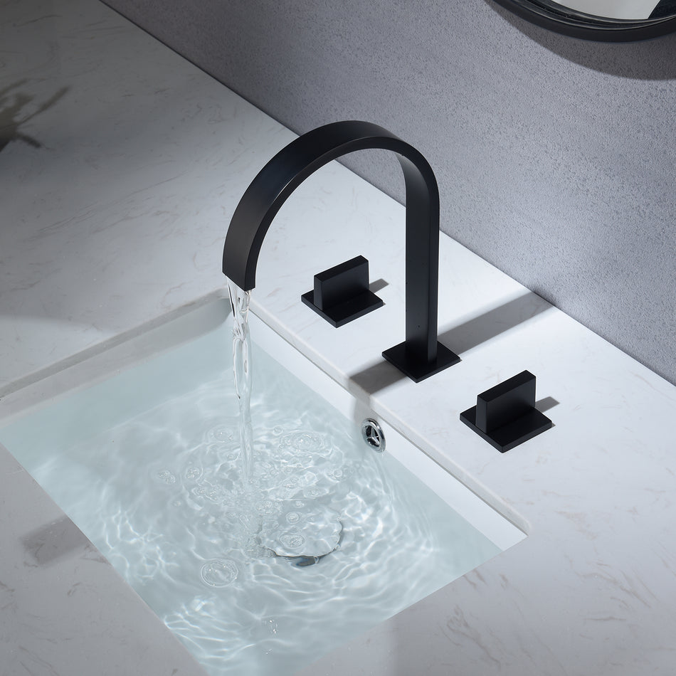 Matte Black Waterfall Widespread Bathroom Basin Faucet with Two Handles and Overflow Brass Pop-Up Drain