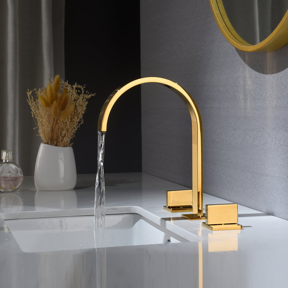Polished Gold Waterfall Widespread Bathroom Basin Faucet with Two Handles and Brass Pop-Up Overflow Drain