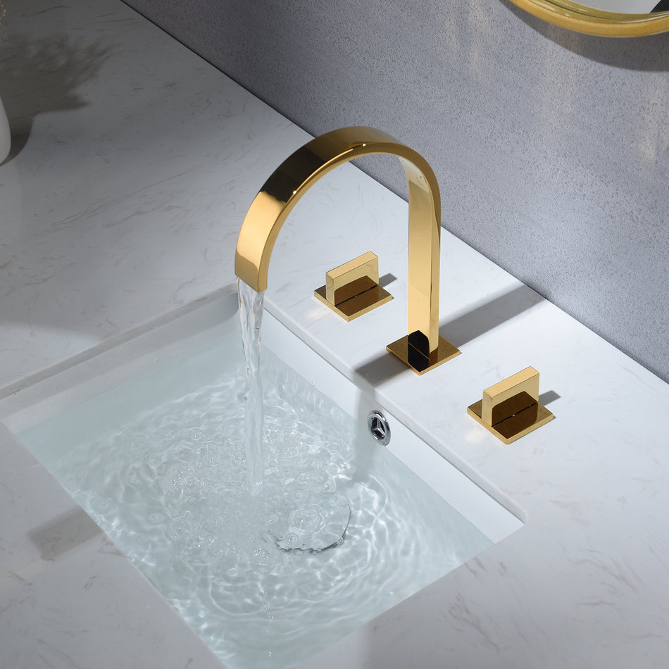Polished Gold Waterfall Widespread Bathroom Basin Faucet with Two Handles and Brass Pop-Up Overflow Drain