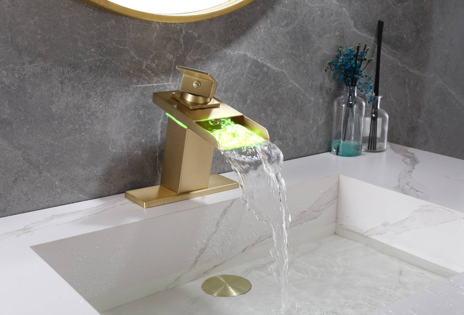 Brushed Gold Single Handle Single Hole 3 LED Light Mixer Widespread Waterfall bathroom sink Faucet with drain