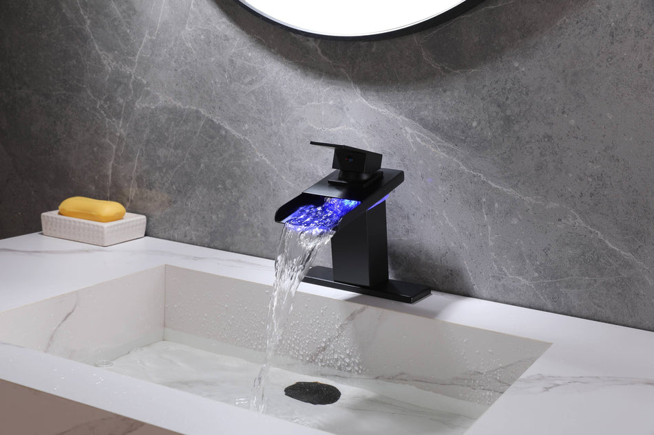 Matte Black Single Handle Single Hole 3 LED Light Mixer Widespread Waterfall bathroom sink Faucet with drain