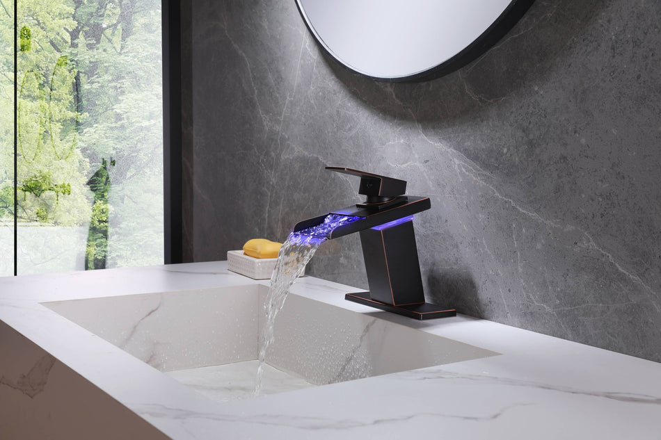 Oil Rubbered Bronze Single Handle Single Hole 3 LED Light Mixer Widespread Waterfall bathroom sink Faucet with drain
