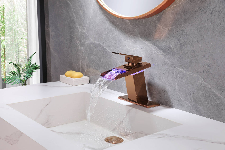 Rose Gold LED Waterfall Single Handle Single Hole Bathroom Sink Faucet with Drain And Cover Plate