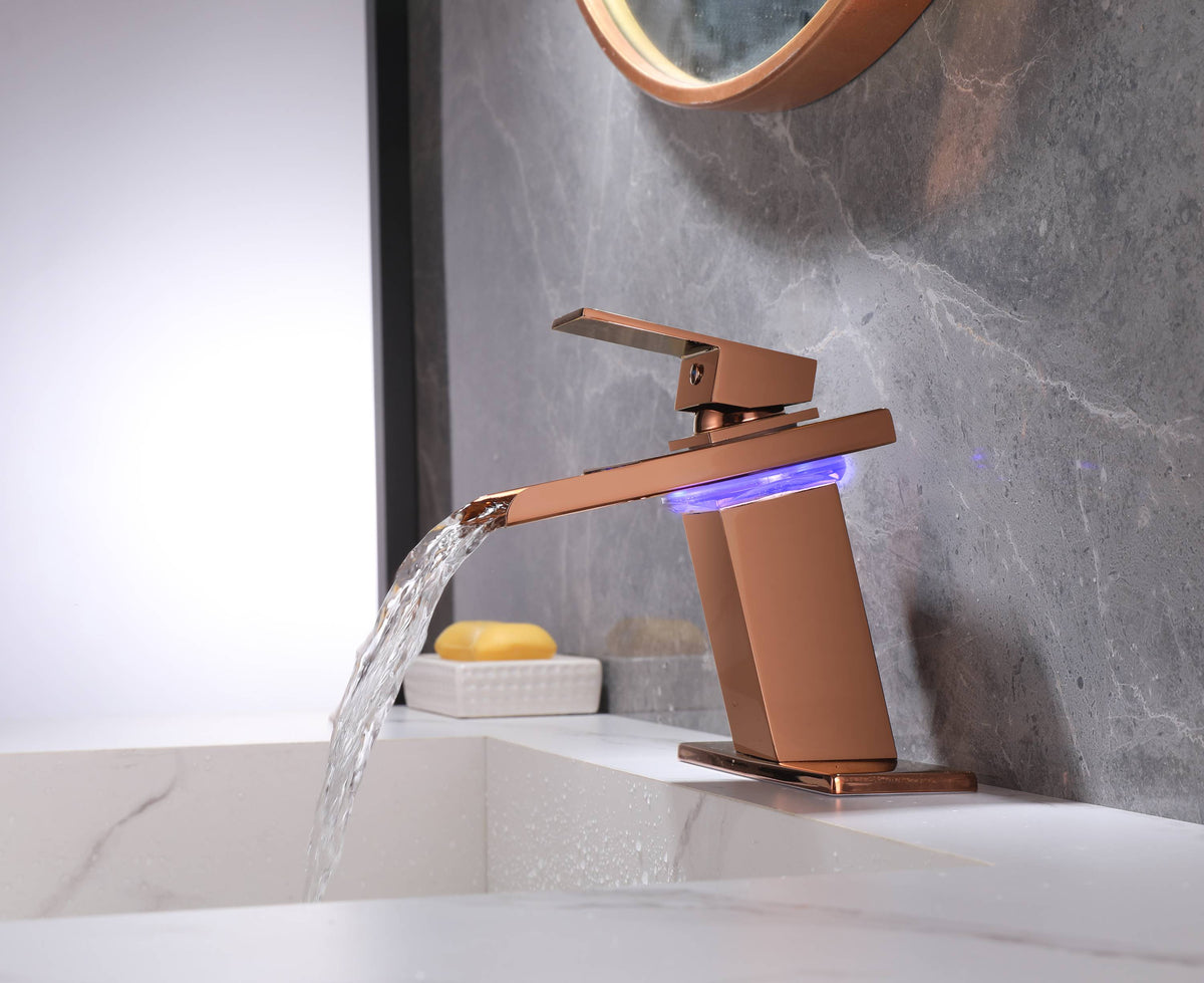 Rose Gold LED Waterfall Single Handle Single Hole Bathroom Sink Faucet with Drain And Cover Plate