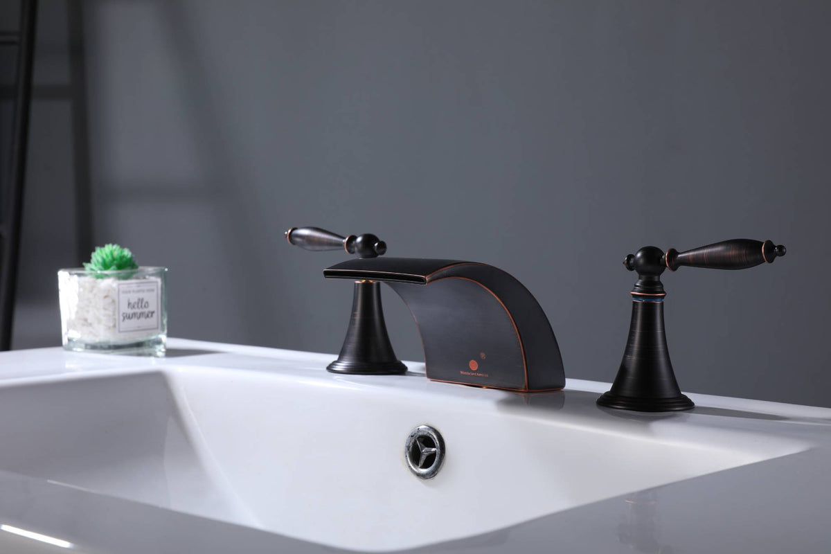Oil Rubbed Bronze Waterfall Widespread Bathroom 3 holes two handles Sink Faucet with brass pop up drain - wonderland shower inc
