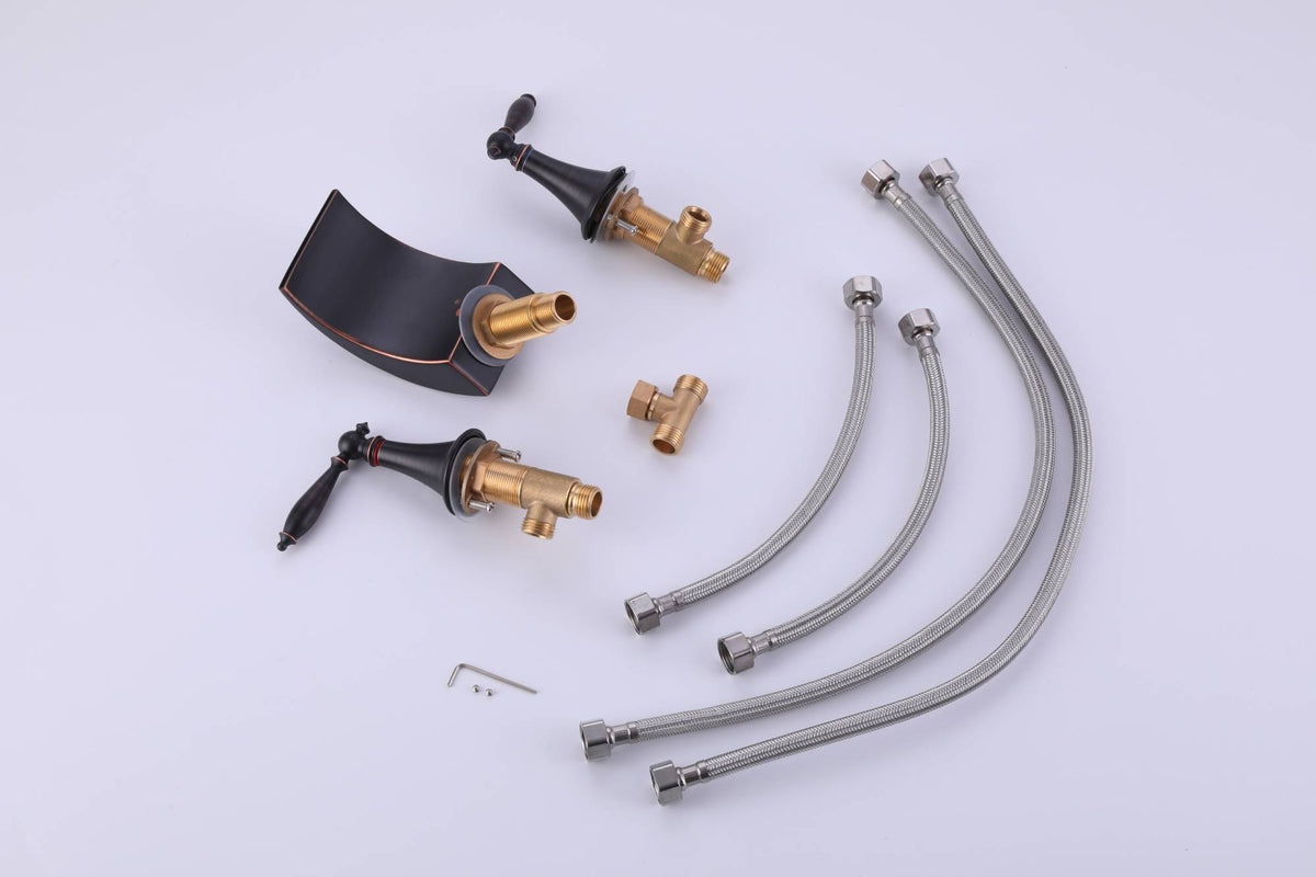 Oil Rubbed Bronze Waterfall Widespread Bathroom 3 holes two handles Sink Faucet with brass pop up drain - wonderland shower inc