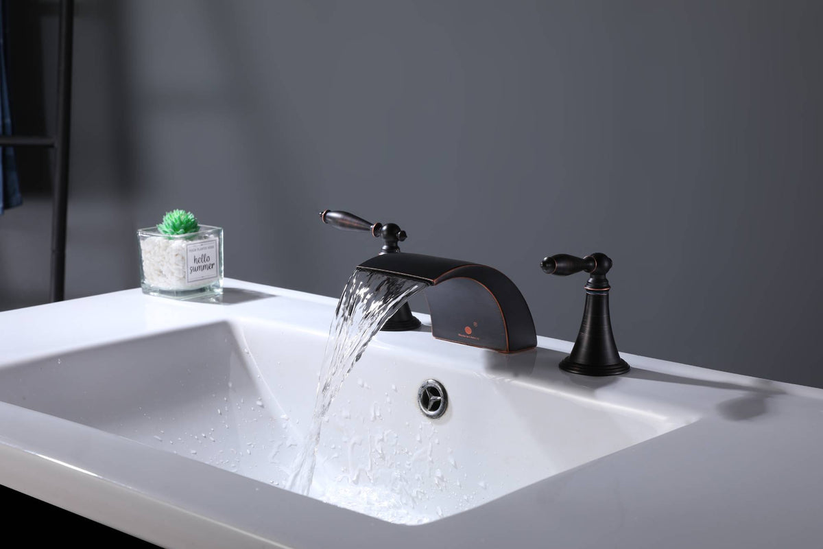 Oil Rubbed Bronze Waterfall Widespread Bathroom 3 holes two handles Sink Faucet with brass pop up drain - wonderland shower inc