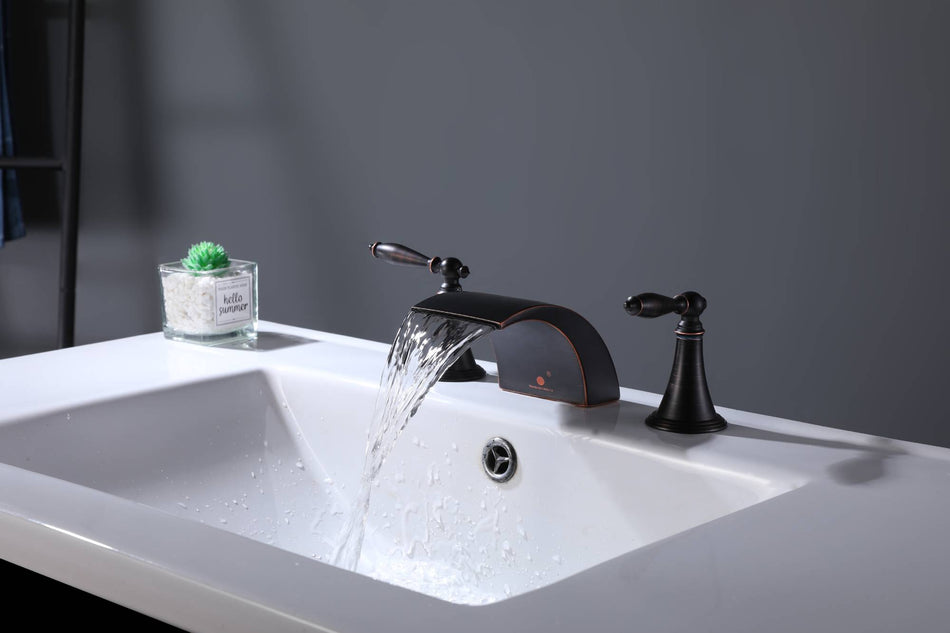 Oil Rubbed Bronze Waterfall Widespread Bathroom 3 holes two handles Sink Faucet with brass pop up drain - wonderland shower inc
