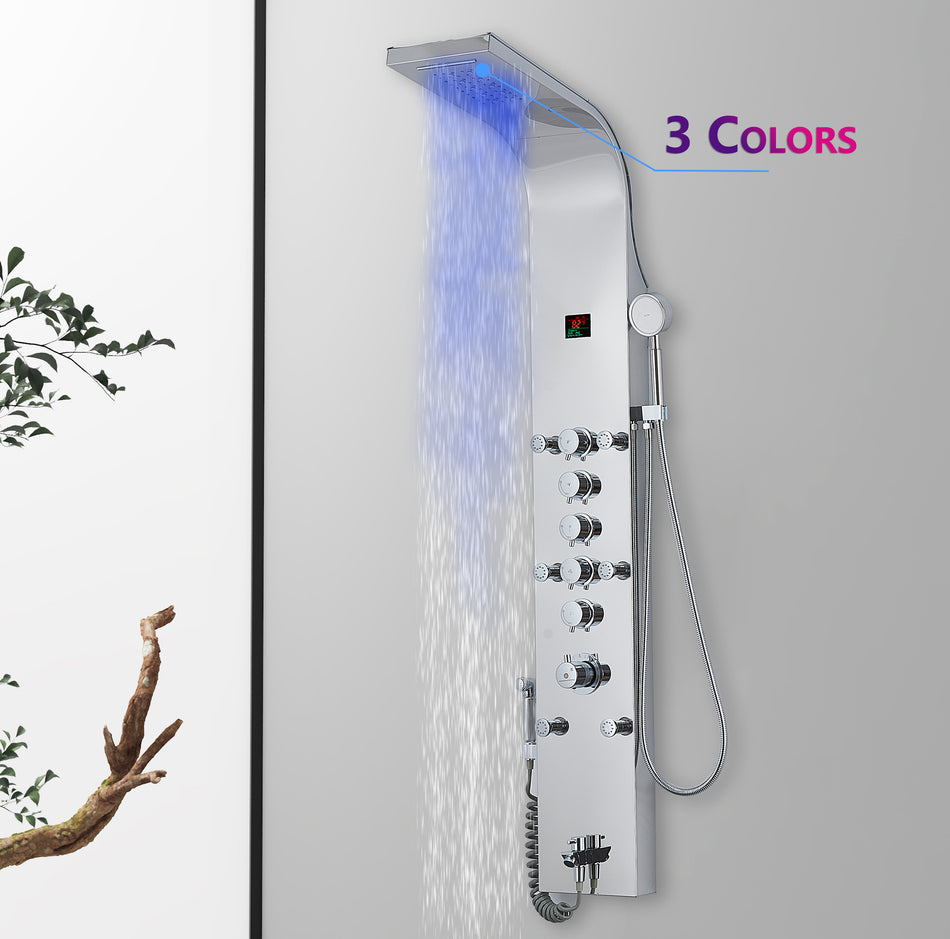59'' Chrome LED Rain & Waterfall Massage Tower - Simultaneous and Independent Functionality