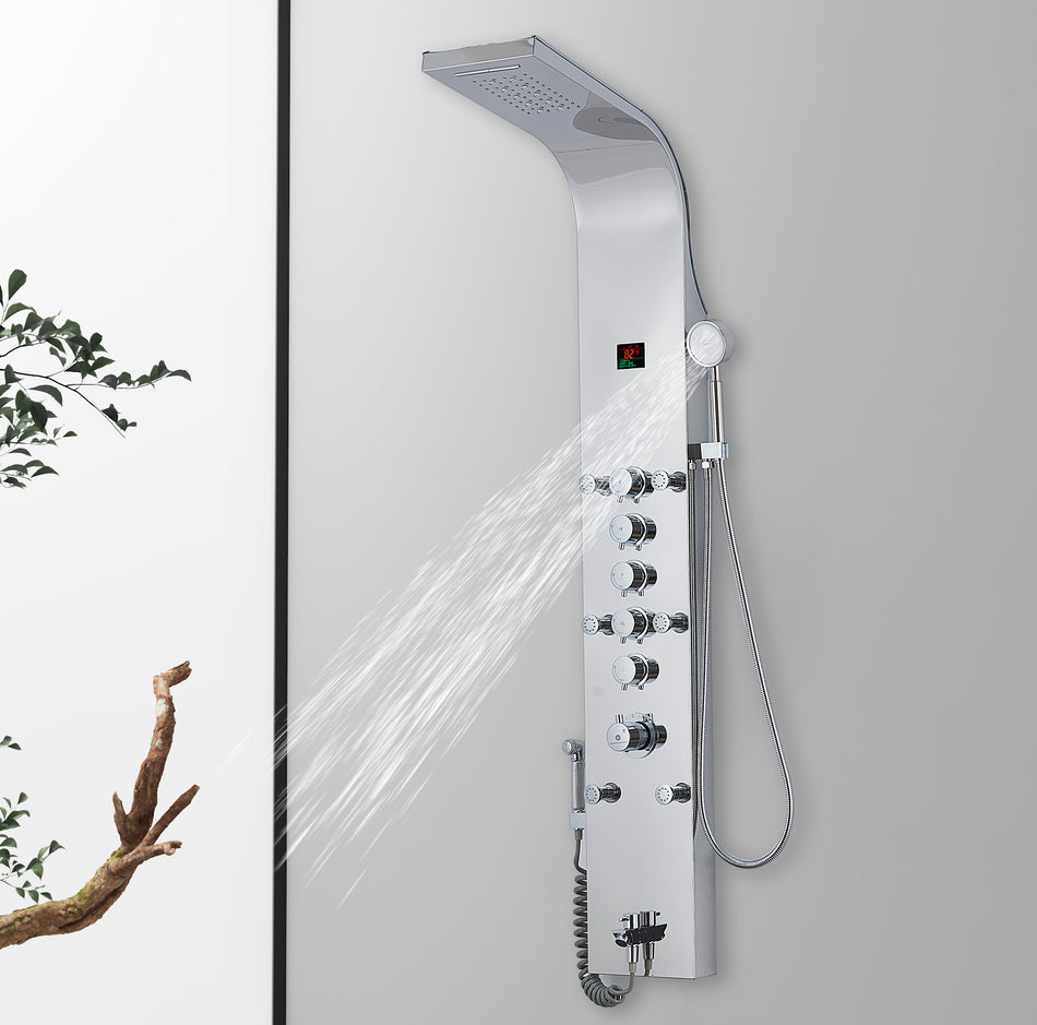 59'' Chrome LED Rain & Waterfall Massage Tower - Simultaneous and Independent Functionality