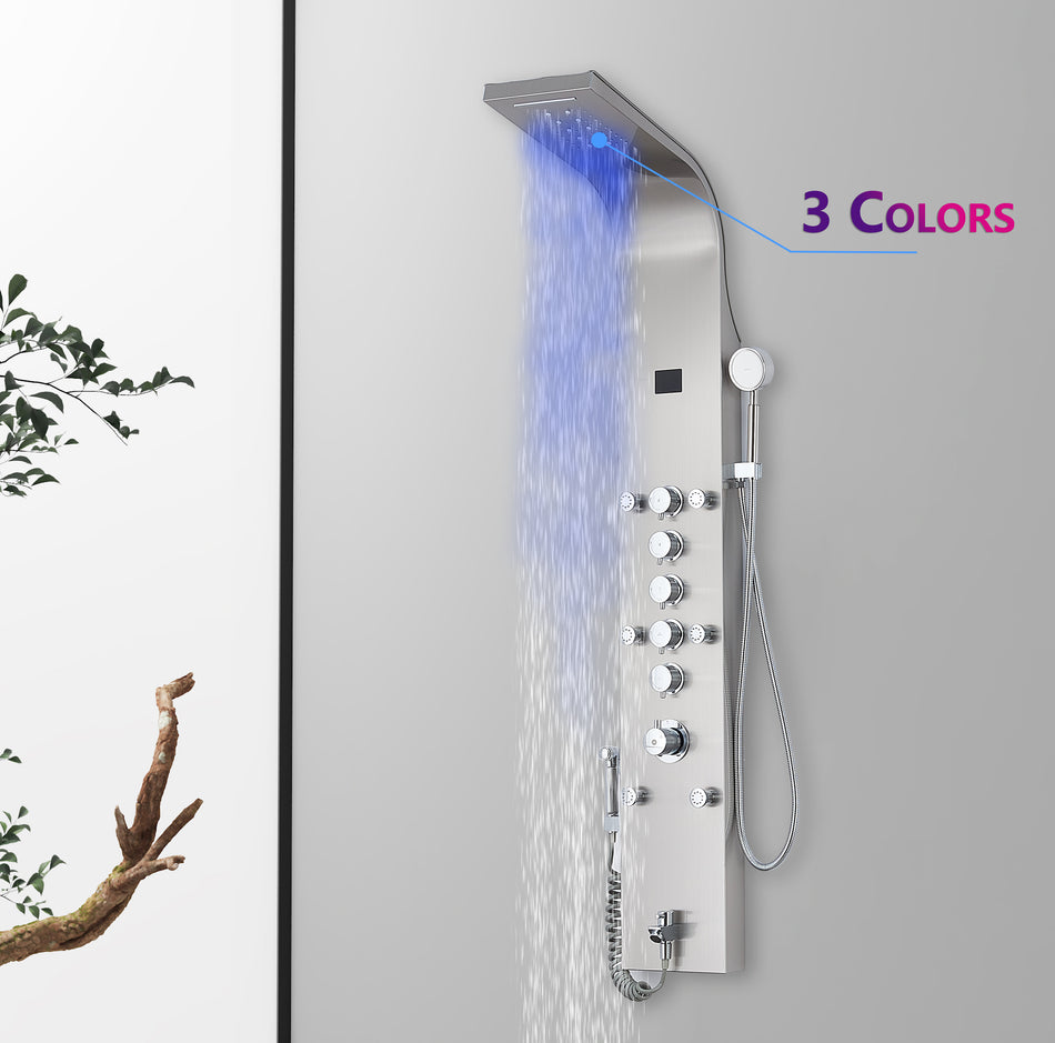 59'' Brushed Nickel LED Rain & Waterfall Massage Tower - Simultaneous and Independent Functionality