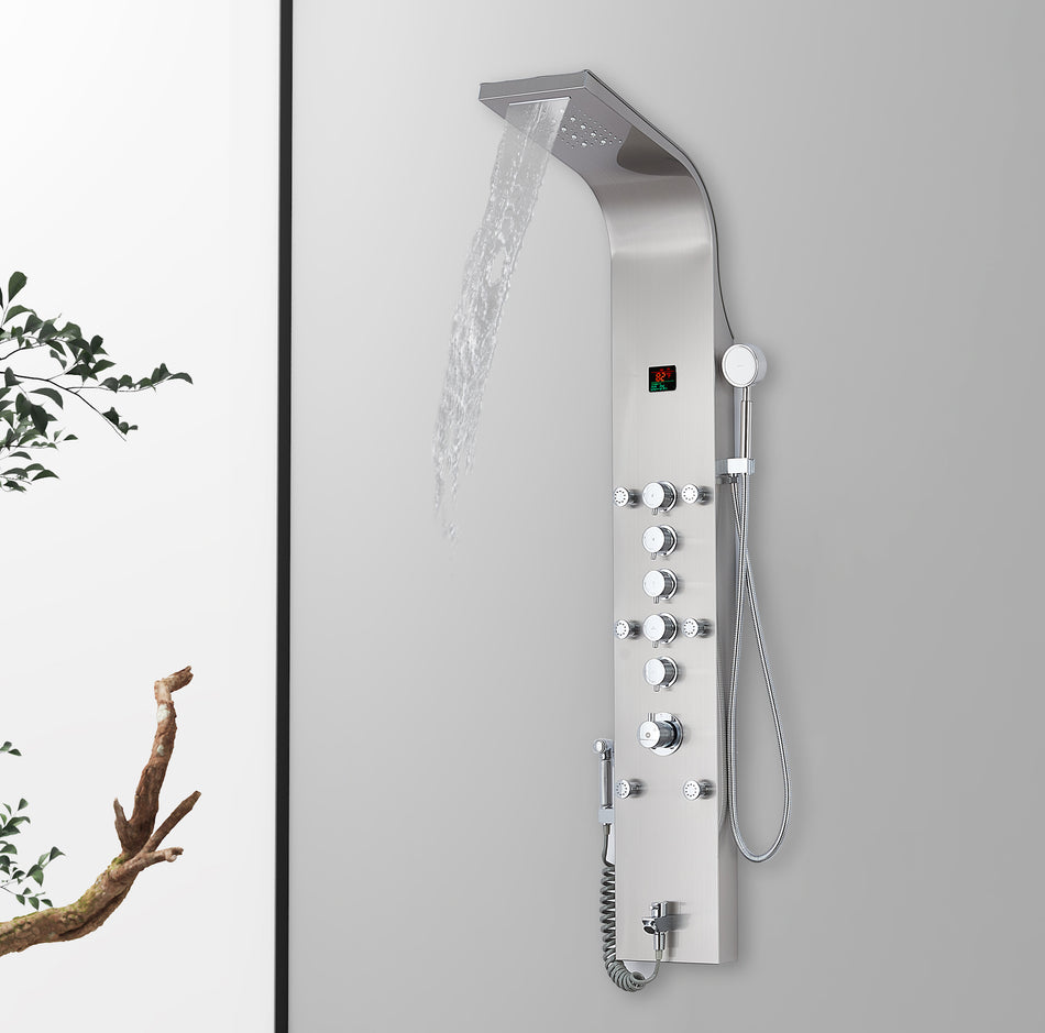 59'' Brushed Nickel LED Rain & Waterfall Massage Tower - Simultaneous and Independent Functionality
