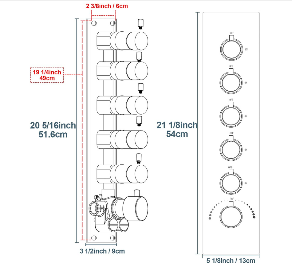 5 way thermostatic  rough in valve with trim