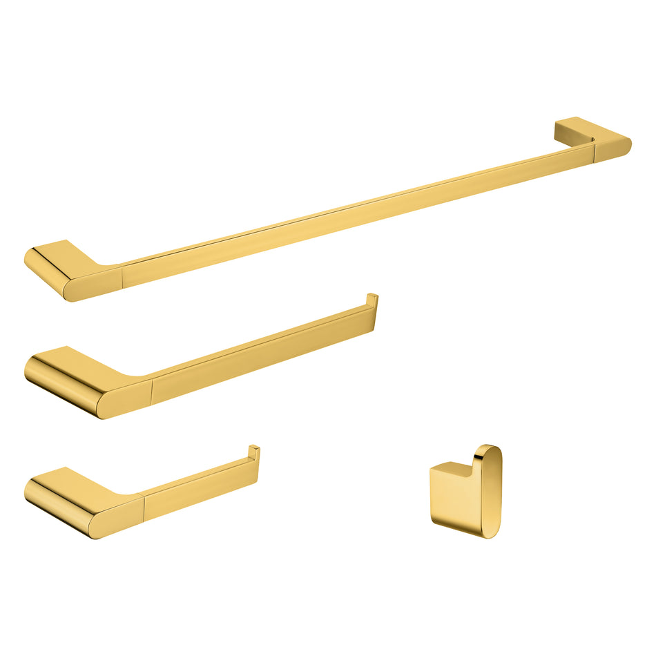 Luxurious 4-Piece Brass Polished Gold Bathroom Hardware Set: Towel Bar, Towel bar, Toilet Paper Holder, Robe Hook, and Tower Holder - Wall Mounted