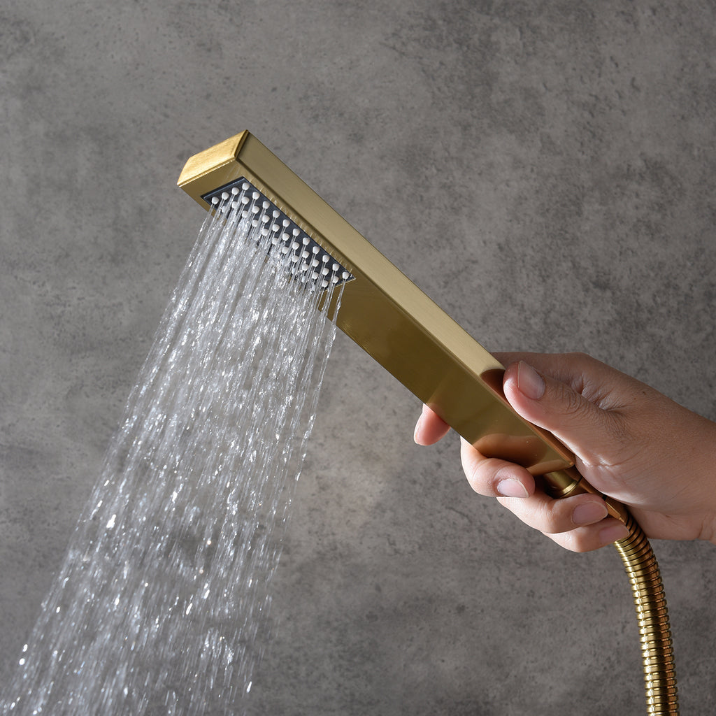 Brushed Gold Finish Floor Mount Freestanding Tub Filler Faucet: Complete with a Single Handle and Hand Shower - wonderland shower inc