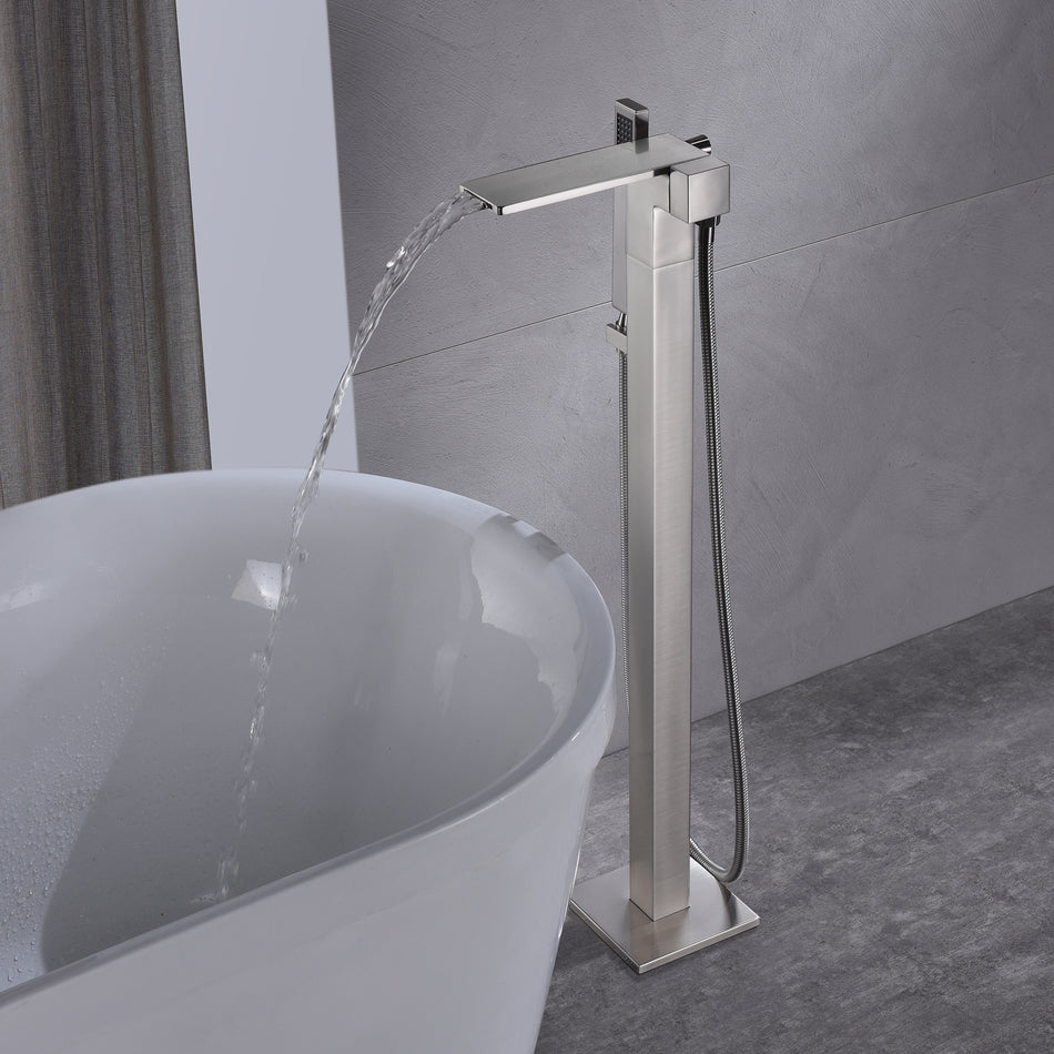 waterfall High quality Freestanding Bathtub Faucet Tub Filler Brushed Nickel Waterfall Floor Mount