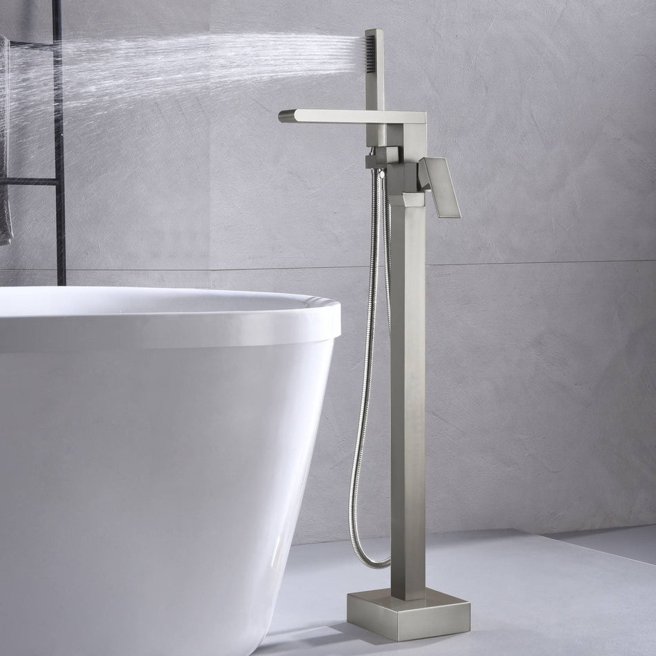 Waterfall pressure balance Freestanding Bathtub Faucet Tub Filler Brushed Nickel Waterfall Floor Mount