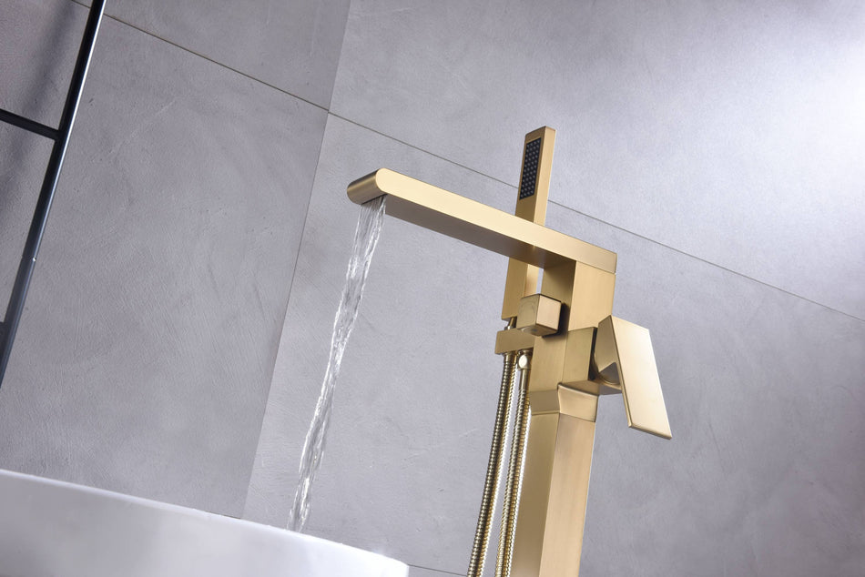 Deluxe Waterfall Freestanding Tub Filler Faucet in Brushed Gold Finish with Single Handle, Hand Shower, and Pressure Balance