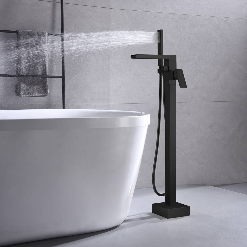 Waterfall pressure balance Matte Black Freestanding Single Handle Bathtub Faucet with Handheld Sprayer