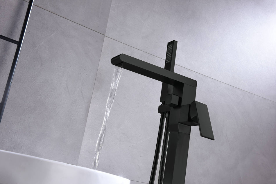 Waterfall pressure balance Matte Black Freestanding Single Handle Bathtub Faucet with Handheld Sprayer