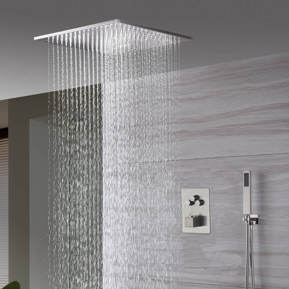 20-Inch Brushed Nickel Ceiling-Mount Rainfall, Waterfall and Mist Shower System with 3-Way Thermostatic Valve