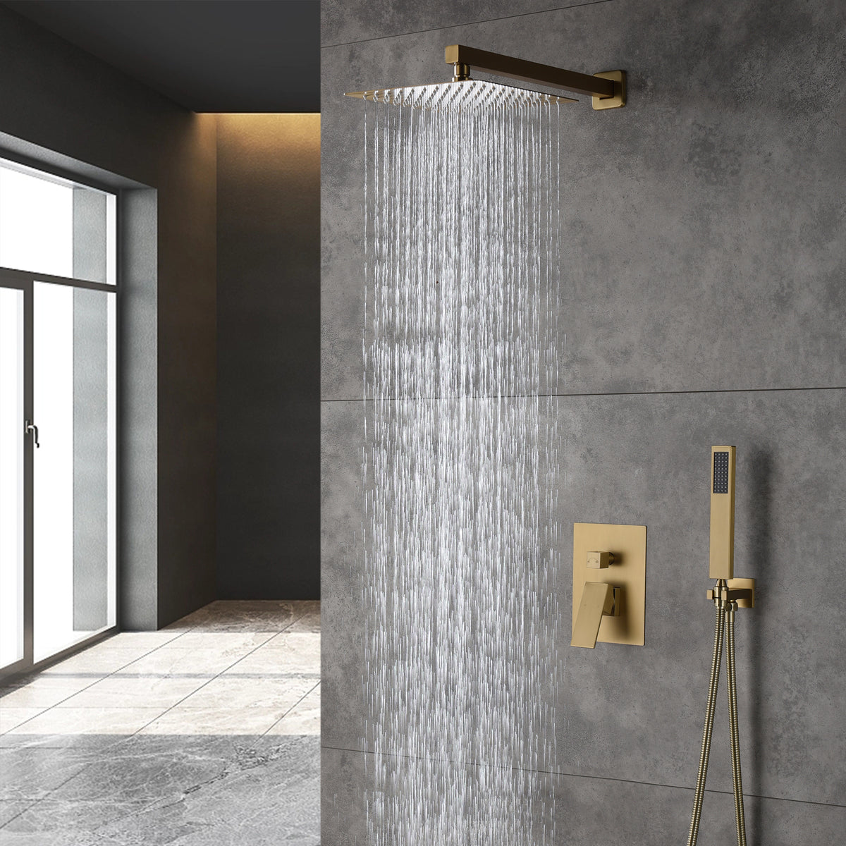 Brushed Gold  12 Inch Rain head wall Mount two way pressure balance Shower System with Rough-in Valve Body and Trim - wonderland shower inc