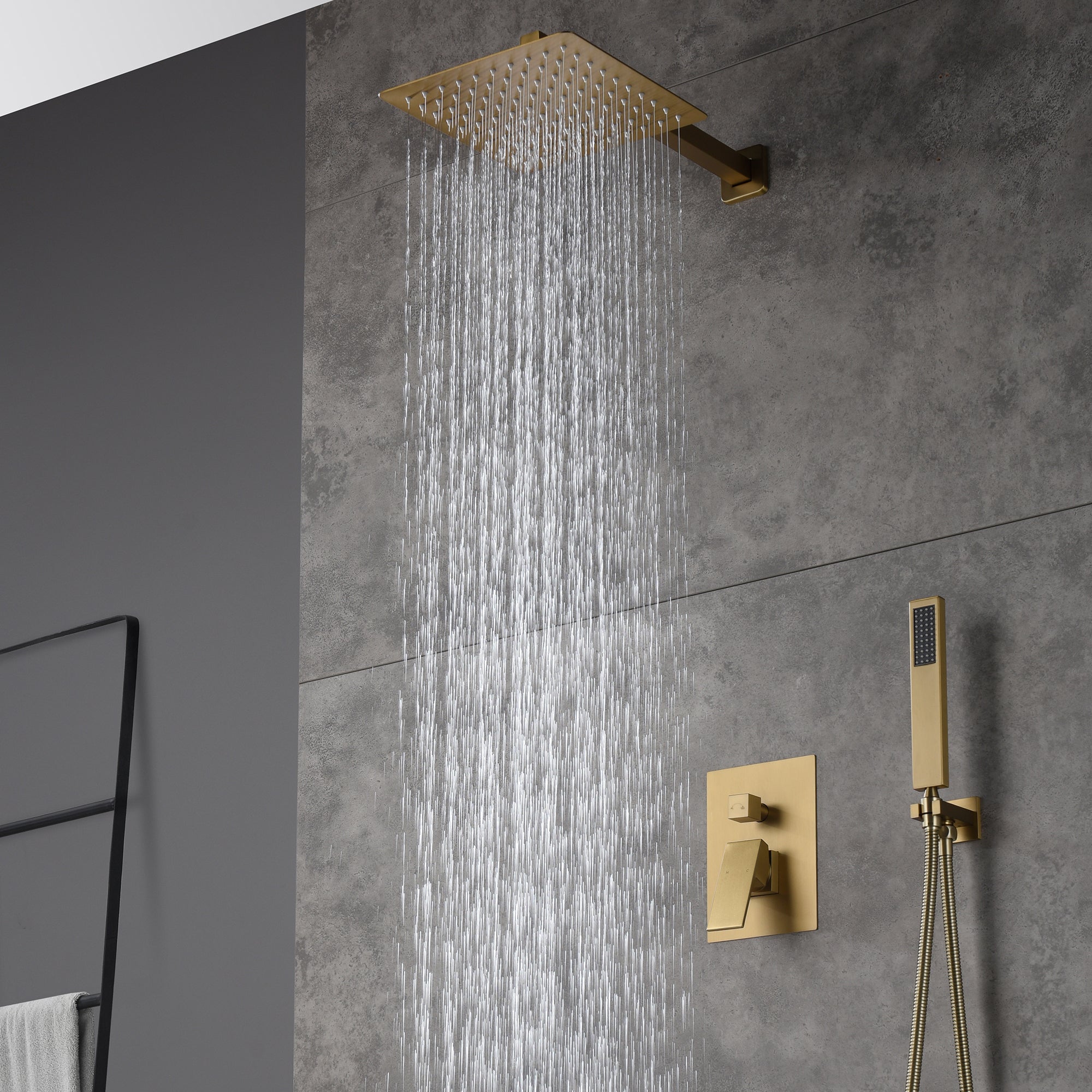 Brushed Gold  12 Inch Rain head wall Mount two way pressure balance Shower System with Rough-in Valve Body and Trim - wonderland shower inc