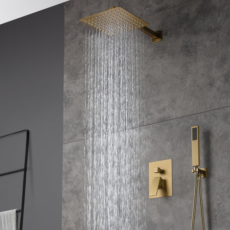 Brushed Gold  12 Inch Rain head wall Mount two way pressure balance Shower System with Rough-in Valve Body and Trim - wonderland shower inc