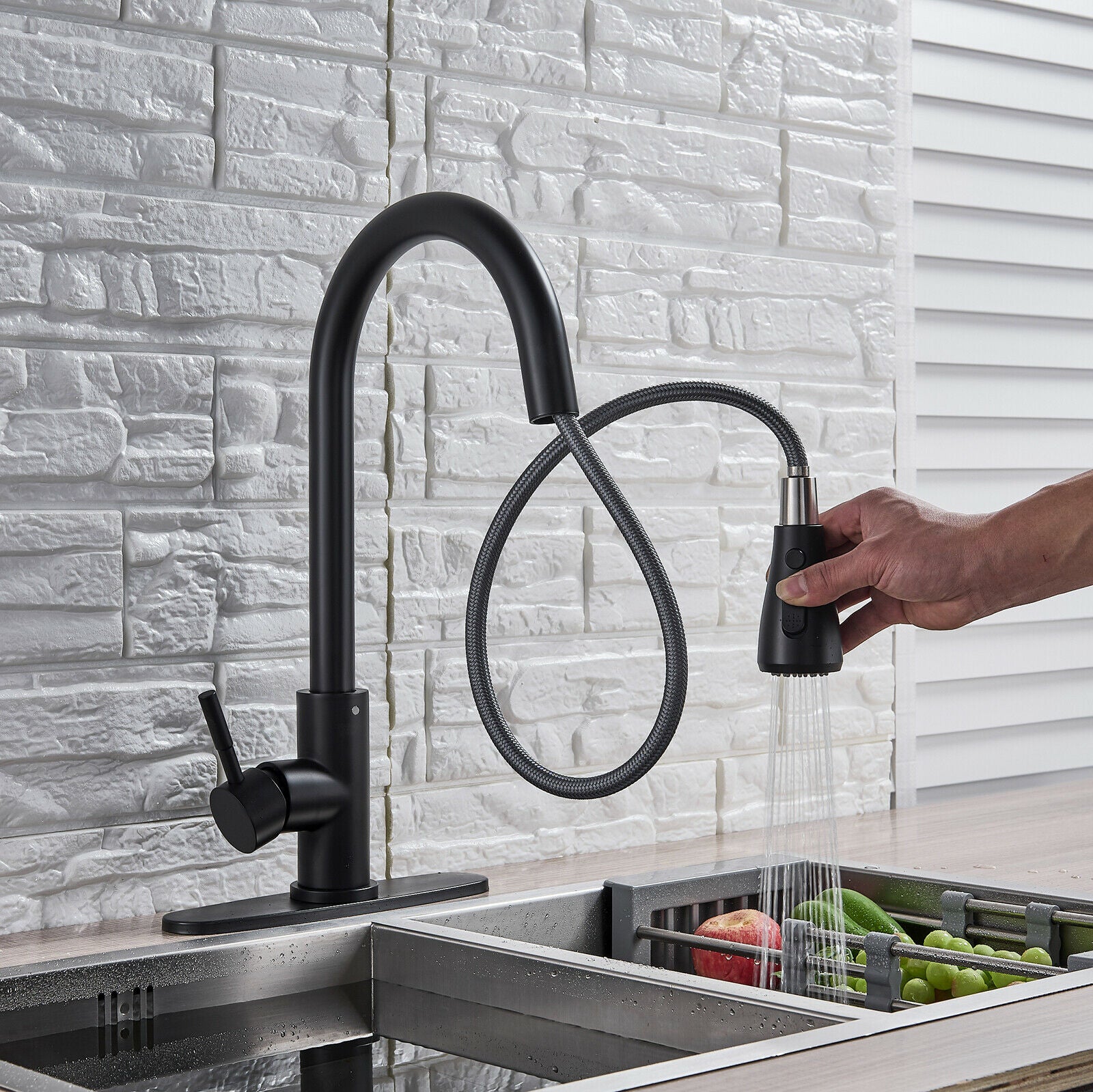 Matte Black Pull Out Spray Kitchen Sink Faucet Commercial Swivel Tap W/Plate - wonderland shower inc