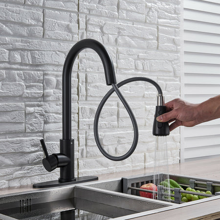 Matte Black Pull Out Spray Kitchen Sink Faucet Commercial Swivel Tap W/Plate - wonderland shower inc