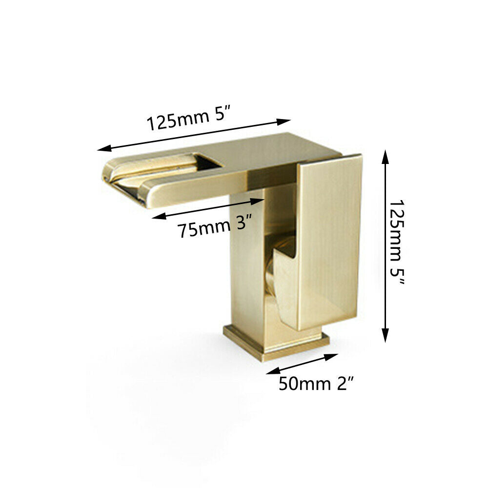 Brushed gold 3 LED waterfall bathroom sink faucet single handle with pop up over drain - wonderland shower inc