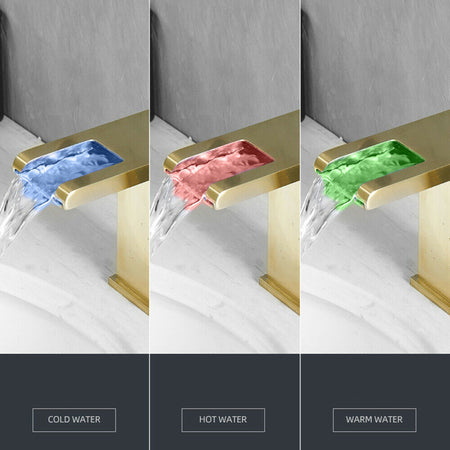 Brushed gold 3 LED waterfall bathroom sink faucet single handle with pop up over drain - wonderland shower inc