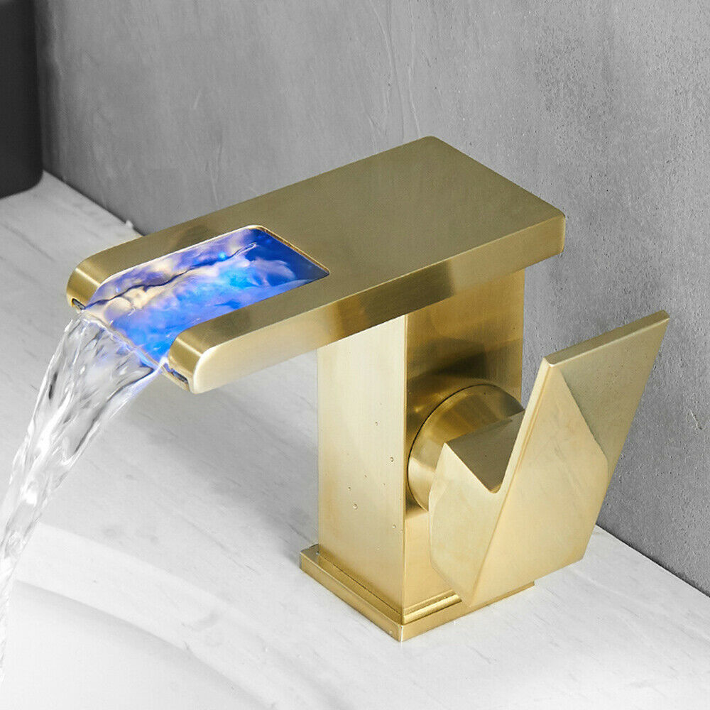 Brushed gold 3 LED waterfall bathroom sink faucet single handle with pop up over drain - wonderland shower inc
