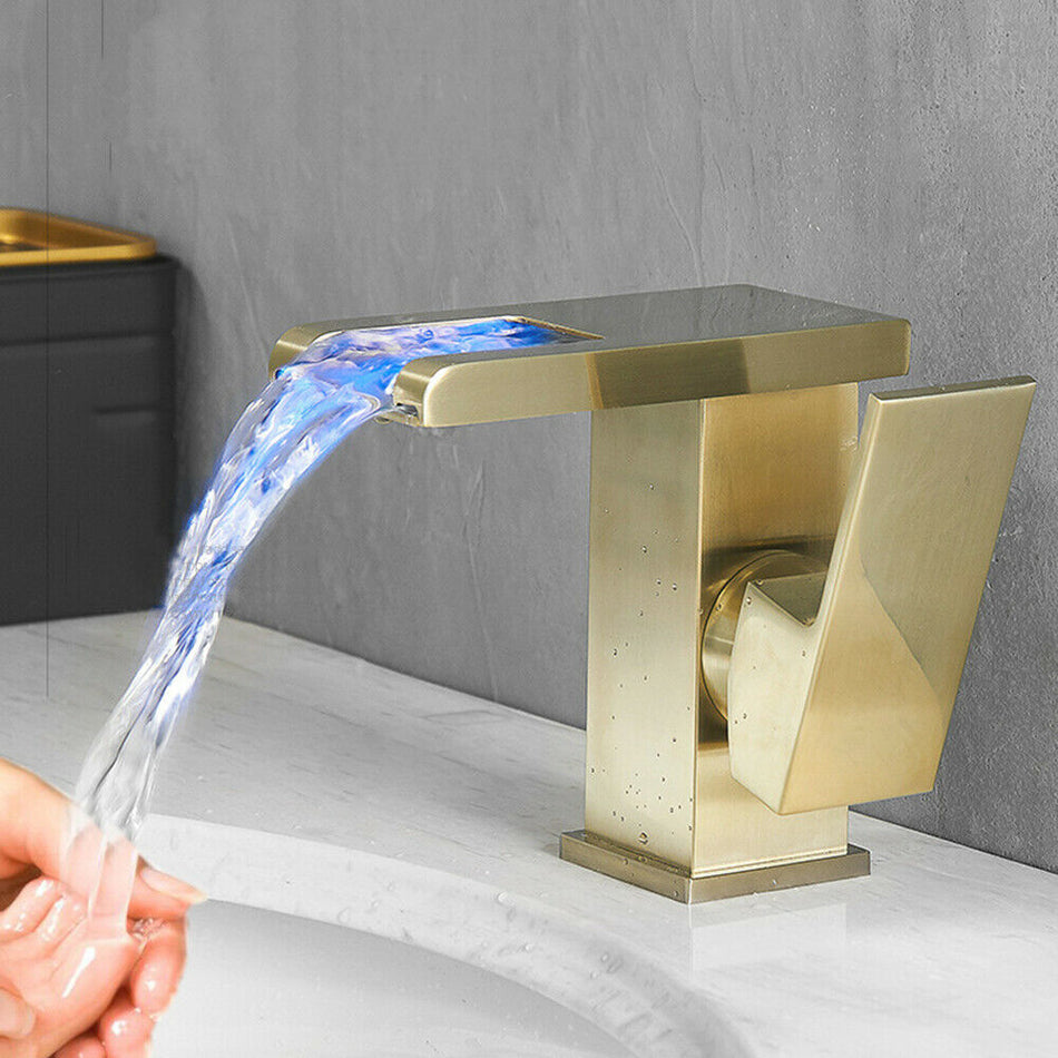 Brushed gold 3 LED waterfall bathroom sink faucet single handle with pop up over drain - wonderland shower inc