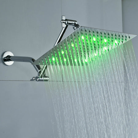 8-Inch Brass Chrome LED Square Rainfall Shower Head with 11-Inch Adjustable Extension Arm - wonderland shower inc