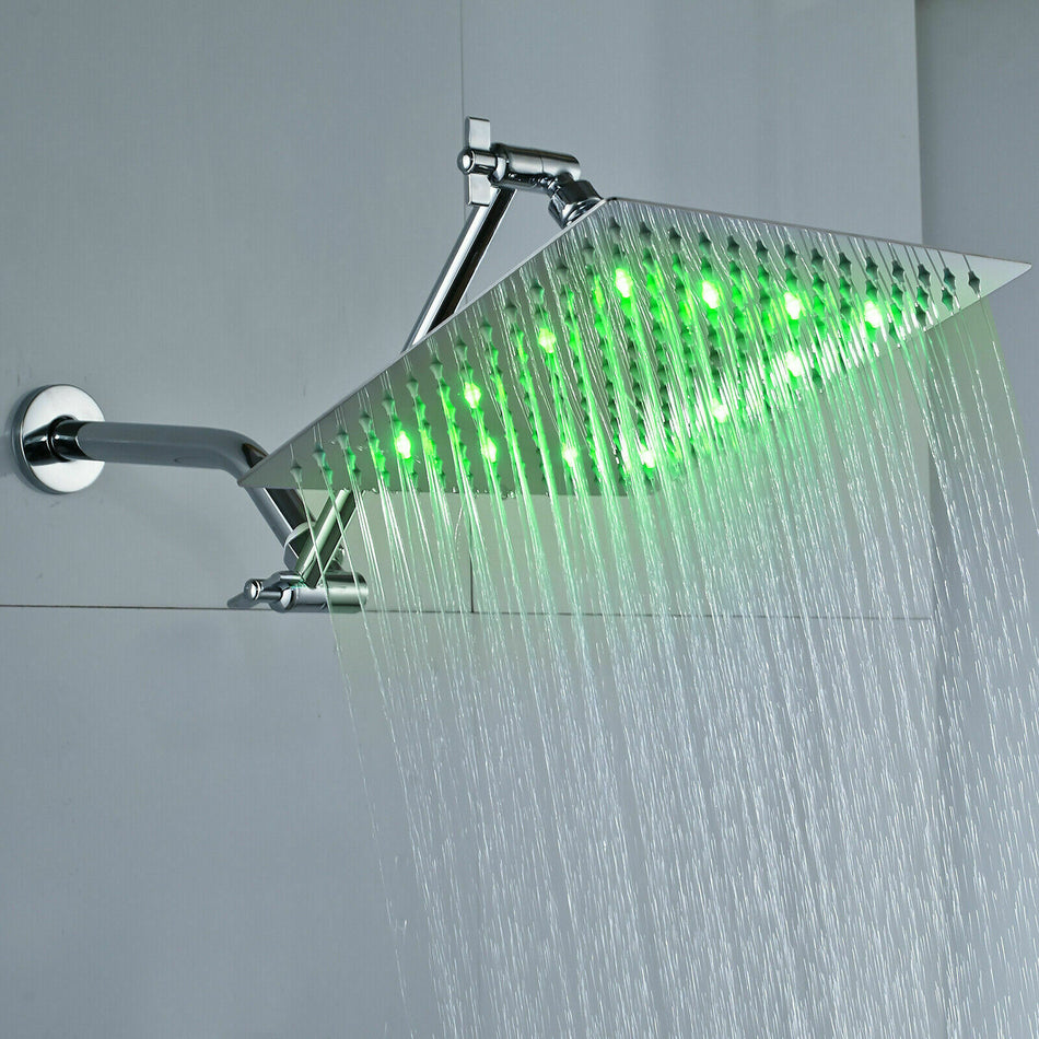 8-Inch Brass Chrome LED Square Rainfall Shower Head with 11-Inch Adjustable Extension Arm - wonderland shower inc