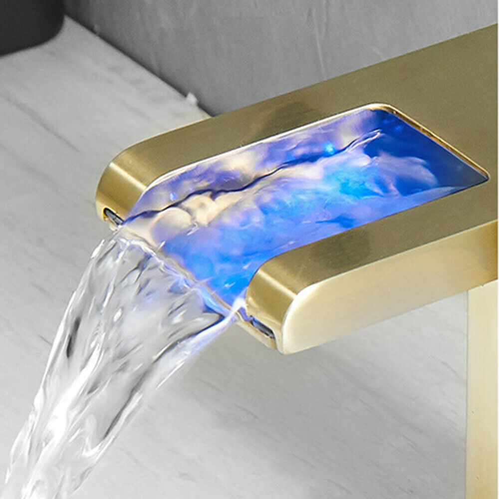 Brushed gold 3 LED waterfall bathroom sink faucet single handle with pop up over drain - wonderland shower inc