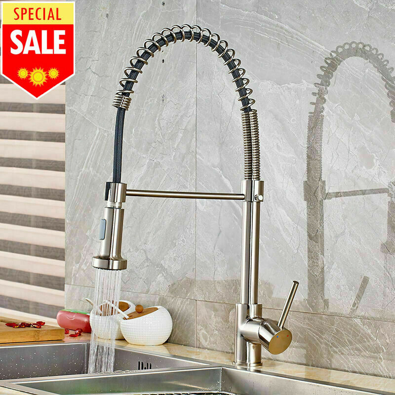 Brushed Nickel Pull Out Spray Spring Kitchen Sink Tap Single Lever Mixer Faucet - wonderland shower inc