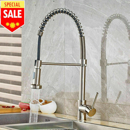 Brushed Nickel Pull Out Spray Spring Kitchen Sink Tap Single Lever Mixer Faucet - wonderland shower inc